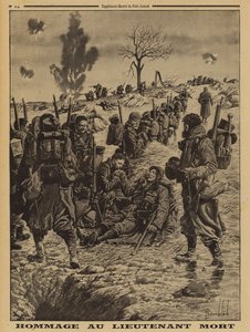 Soldats français rendant hommage à un lieutenant tué au combat, Première Guerre mondiale - Louis Charles (after) Bombled