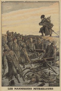 Soldat russe découvrant une tranchée allemande avec des mitrailleuses manœuvrées par des soldats factices ; Première Guerre mondiale - Louis Charles (after) Bombled