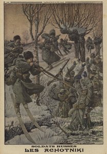 Soldats russes à ski capturant un groupe d