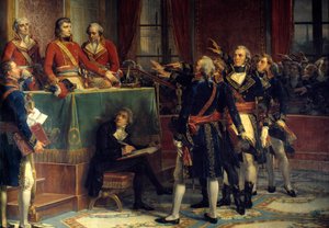 Les trois consuls : Bonaparte, Cambacérès et Lebrun recevant les serments des présidents. À droite, Emmanuel-Joseph Sieyès (1748-1836) et Pierre-Roger Ducos (1747-1816). Peinture de Louis Charles Auguste Couder. - Louis Charles Auguste Couder