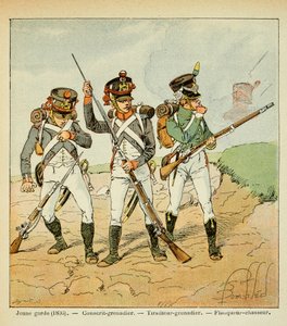 Illustration par Louis Bombled (1862-1927) du livre Le Mémorial de Sainte-Hélène par le comte Emmanuel de Las Cases (1766-1842) : La Jeune Garde de 1806 : grenadier conscrit ; tireur grenadier et chasseur flanqueur, Collection privée - Louis Charles Bombled
