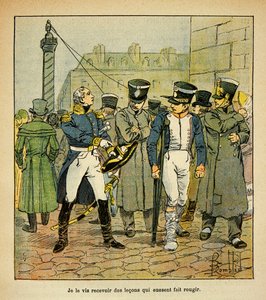 Illustration par Louis Bombled (1862-1927) du livre « Le Mémorial de Sainte-Hélène » du comte Emmanuel de Las Cases (1766-1842) : Un ancien officier de Napoléon, sous la restauration, appelle les anciens conscrits à rejeter le régime impérial