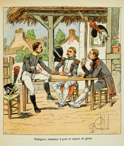 Illustration par Louis Bombled (1862-1927) du livre « Le Mémorial de Sainte-Hélène » du comte Emmanuel de Las Cases (1766-1842) : Armée française : Voltigeur ; chasseur et sapeur du génie