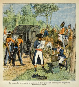 Illustration par Louis Bombled (1862-1927) tirée du livre « Le Mémorial de Sainte-Hélène » par le comte Emmanuel de Las Cases (1766-1842) : Pendant le passage du Rhin, Moreau découvre la correspondance entre Pichegru et le prince de Condé dans les fourgons - Louis Charles Bombled