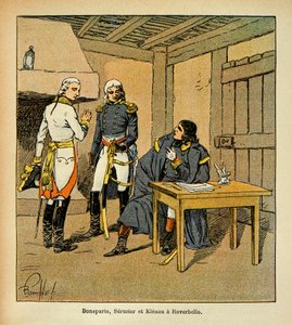 Illustration par Louis Bombled (1862-1927) du livre Le Mémorial de Sainte-Hélène par le comte Emmanuel de Las Cases (1766-1842) : Bonaparte, Jean Mathieu Philibert Sérurier (1742-1819) et Johann von Klenau (1758-1819) à Roverbello pendant la campagne d