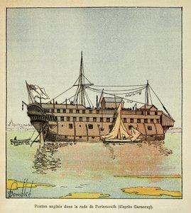 Illustration de Louis Bombled du livre « Le Mémorial de Sainte-Hélène » du comte Emmanuel de Las Cases : Ponton anglais dans le port de Portsmouth servant de prison pour les Français, collection privée - Louis Charles Bombled