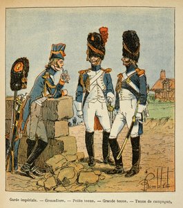 Illustration de Louis Bombled (Le Mémorial de Sainte-Hélène) : Grenadiers de la Garde impériale : Petit uniforme, grand uniforme et uniforme de campagne - Louis Charles Bombled
