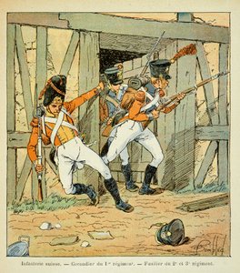 Illustration de Louis Bombled (1862-1927) du livre « Le Mémorial de Sainte-Hélène » du comte Emmanuel de Las Cases (1766-1842) : Infanterie suisse : Grenadier du 1er régiment et fusilier des 2e, 3e et 3e régiments