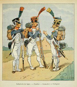 Illustration de Louis Bombled (1862-1927) du livre « Le Mémorial de Sainte-Hélène » du comte Emmanuel de Las Cases (1766-1842) : Armée française : Infanterie de ligne : fusilier, grenadier et voltigeur - Louis Charles Bombled