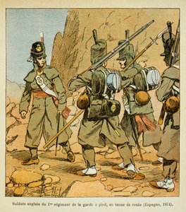 Illustration par Louis Bombled (1862-1927) tirée du livre « Le Mémorial de Sainte-Hélène » par le comte Emmanuel de Las Cases (1766-1842) : Soldats anglais du 1er Régiment de la Garde dans une halte routière (Espagne 1814), Collection privée - Louis Charles Bombled