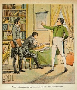Illustration par Louis Bombled (1862-1927) tirée du livre « Le Mémorial de Sainte-Hélène » par le comte Emmanuel de Las Cases (1766-1842) : Napoléon dicte ses mémoires à Las Cases, Collection privée