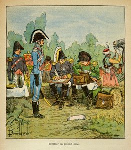 Illustration de Louis Bombled (1862-1927) du livre « Le Mémorial de Sainte-Hélène » par le comte Emmanuel de Las Cases (1766-1842) : Le maréchal Louis Alexandre Berthier (1753-1815) note les ordres de Napoléon, Collection Partielle - Louis Charles Bombled