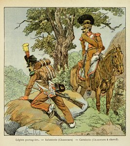 Illustration de Louis Bombled (1862-1927) du livre « Le Mémorial de Sainte-Hélène » par le comte Emmanuel de Las Cases (1766-1842) : Légion portugaise : Infanterie (chasseurs) et cavalerie (chasseurs à cheval), Collection Privée