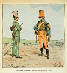 Illustration de Louis Bombled du livre « Le Mémorial de Sainte-Hélène » du comte Emmanuel de Las Cases : Armée française : Éclaireur et chasseur de la jeune garde 1813 - 1815, collection privée - Louis Charles Bombled