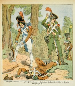 Illustration de Louis Bombled (Le Mémorial de Sainte-Hélène) : Troupes italiennes, Légion piémontaise : Infanterie de bataille (1806), Légion italique (1800)