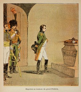 Illustration par Louis Bombled (1862-1927) du livre Le Mémorial de Sainte-Hélène par le comte Emmanuel de Las Cases (1766-1842) : Napoléon méditant sur le cercueil de Frédéric II de Prusse dans la crypte de la Garnisonkirche à Potsdam en 1806, Collection p - Louis Charles Bombled