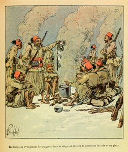 Janvier 1871, les Turcos du 1er régiment bivouaquent dans la neige, en blouses et pantalons de toile et pieds nus - Louis Charles Bombled