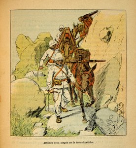 La Guerre à Madagascar-Histoire anecdotique des expéditions françaises de 1885-1895 par Henri Galli dit Galllichet, illustré par Louis Bombled : Artillerie de montagne sur la route d