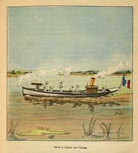 La Guerre à Madagascar-Histoire anecdotique des expéditions françaises de 1885-1895 par Henri Galli dit Galllichet, illustré par Louis Bombled : Canonnière française sur la rivière Ikopa à Madagascar en 1895 - Louis Charles Bombled