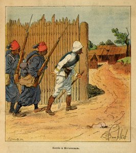 La Guerre à Madagascar-Histoire anecdotique des expéditions françaises de 1885-1895 par Henri Galli dit Galllichet, illustré par Louis Bombled : Les troupes françaises entrent dans le village de Mevatanana en 1895