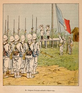 La Guerre à Madagascar - Histoire anecdotique des expéditions françaises de 1885-1895 par Henri Galli dit Galllichet, illustrée par Louis Bombled : Le drapeau français flotte à Marovoay en 1895 - Louis Charles Bombled