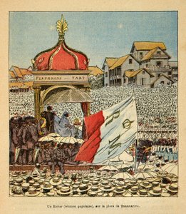 La Guerre à Madagascar - Histoire anecdotique des expéditions françaises de 1885-1895 par Henri Galli dit Galllichet, illustrée par Louis Bombled : Un Kabar (réunion populaire) sur la place de Tananarive au XIXe siècle en présence du Qu