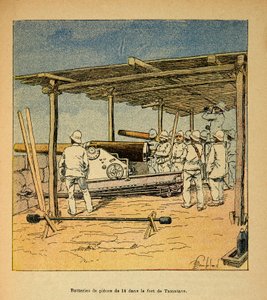 La Guerre à Madagascar-Histoire anecdotique des expéditions françaises de 1885-1895 par Henri Galli dit Galllichet (1854-1922), illustrée par Louis Bombled (1862-1927) : Tambours de 14 pièces dans le Fort de Tamatave en 1895, Collection privée - Louis Charles Bombled