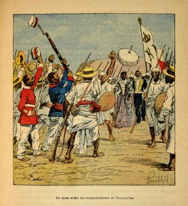 La Guerre à Madagascar-Histoire anecdotique des expéditions françaises de 1885-1895 par Henri Galli dit Galllichet (1854-1922), illustrée par Louis Bombled (1862-1927) : La reine Ranavalona visite les tranchées de Tananarive en 1895, Collection privée - Louis Charles Bombled