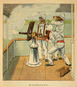 La Guerre à Madagascar-Histoire anecdotique des expéditions françaises de 1885-1895 par Henri Galli dit Galllichet (1854-1922), illustrée par Louis Bombled (1862-1927) : Coup de canon sur les Hovas à bord du canonnière « La Brave » en 1895, Collection priv