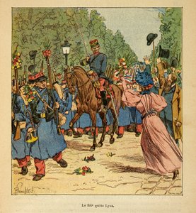 La Guerre à Madagascar-Histoire anecdotique des expéditions françaises de 1885-1895 par Henri Galli dit Galllichet (1854-1922), illustrée par Louis Bombled (1862-1927) : Le 200e de ligne quitte Lyon pour Madagascar en 1895, Collection privée - Louis Charles Bombled