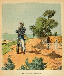 La Guerre à Madagascar-Histoire anecdotique des expéditions françaises de 1885-1895 par Henri Galli dit Galllichet (1854-1922), illustrée par Louis Bombled (1862-1927) : Avant-poste français à Diego-Suarez à Madagascar en 1885, Collection privée - Louis Charles Bombled