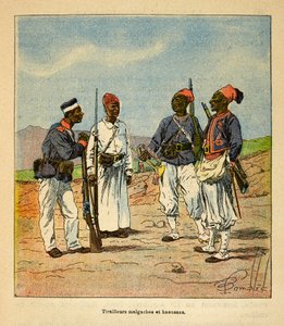 La Guerre à Madagascar-Histoire anecdotique des expéditions françaises de 1885-1895 par Henri Galli dit Galllichet (1854-1922), illustrée par Louis Bombled (1862-1927) : Tirailleurs malgaches et haoussas, Collection privée - Louis Charles Bombled