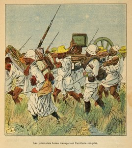 La guerre à Madagascar - Histoire anecdotique des expéditions françaises de 1885-1895 par Henri Galli dit Gallichet (1854-1922), illustrée par Louis Bombled (1862-1927) : Prisonniers hovas utilisés pour transporter des pièces d