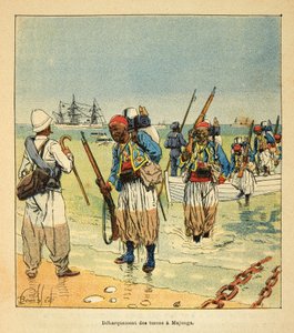 La Guerre à Madagascar - Histoire anecdotique des expéditions françaises de 1885-1895 par Henri Galli dit Galllichet (1854-1922), illustrée par Louis Bombled (1862-1927) : Débarquement des Turcos à Majunga - Louis Charles Bombled