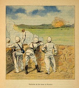 La Guerre à Madagascar - Histoire anecdotique des expéditions françaises de 1885-1895 par Henri Galli dit Gallichet (1854-1922), illustrée par Louis Bombled (1862-1927) : Explosion du Fort Hova à Farafate en 1895, Collection privée