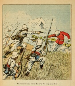 La Guerre à Madagascar - Histoire anecdotique des expéditions françaises de 1885-1895 par Henri Galli dit Gallichet (1854-1922), illustrée par Louis Bombled (1862-1927) : Le lieutenant Grss tue un chef Hova lors des batailles de Tsarasaotra en 1895, Collec - Louis Charles Bombled