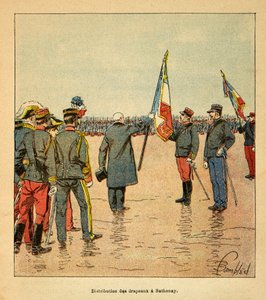 La Guerre à Madagascar - Histoire anecdotique des expéditions françaises de 1885-1895 par Henri Galli dit Gallichet (1854-1922), illustrée par Louis Bombled (1862-1927) : Distribution de drapeaux à Sathonay aux troupes partant pour Madagascar en 1895 en pr