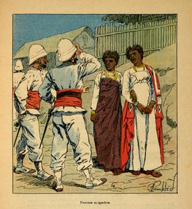 La guerre à Madagascar - Histoire anecdotique des expéditions françaises de 1885-1895 par Henri Galli dit Galllichet, illustrée par Louis Bombled : Soldats français sympathisant avec des femmes malgaches - Louis Charles Bombled
