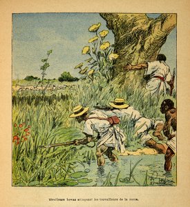 La guerre à Madagascar - Histoire anecdotique des expéditions françaises de 1885-1895 par Henri Galli dit Galllichet, illustrée par Louis Bombled : Tirailleurs Hovas attaquant les militaires construisant une route en 1895 - Louis Charles Bombled