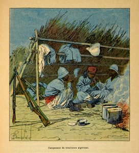 La Guerre à Madagascar - Histoire anecdotique des expéditions françaises de 1885-1895 par Henri Galli dit Gallichet (1854-1922), illustrée par Louis Bombled (1862-1927) : Camp des Algériens à Madagascar en 1895, Collection privée - Louis Charles Bombled