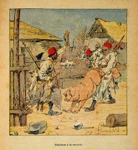 La Guerre à Madagascar - Histoire anecdotique des expéditions françaises de 1885-1895 par Henri Galli dit Gallichet (1854-1922), illustrée par Louis Bombled (1862-1927) : Pillage des tirailleurs dans les fermes, Collection privée - Louis Charles Bombled