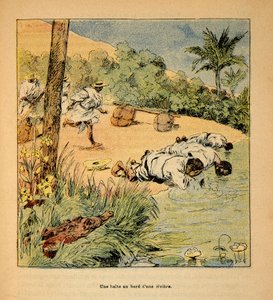 La Guerre à Madagascar - Histoire anecdotique des expéditions françaises de 1885-1895 par Henri Galli dit Gallichet (1854-1922), illustrée par Louis Bombled (1862-1927) : Une halte au bord de la rivière en 1895, Collection privée - Louis Charles Bombled