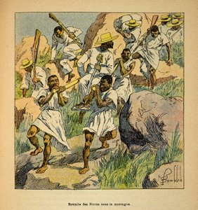 La guerre à Madagascar - Histoire anecdotique des expéditions françaises de 1885-1895 par Henri Galli dit Galllichet (1854-1922), illustrée par Louis Bombled (1862-1927) : Retraite des troupes Hovas dans les montagnes, Collection privée - Louis Charles Bombled