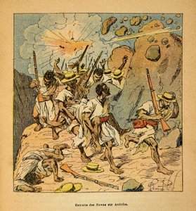 La Guerre à Madagascar - Histoire anecdotique des expéditions françaises de 1885-1895 par Henri Galli dit Gallichet (1854-1922), illustrée par Louis Bombled (1862-1927) : Retraite des Hovas sur Andriba, Collection privée - Louis Charles Bombled