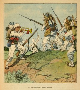 La Guerre à Madagascar - Histoire anecdotique des expéditions françaises de 1885-1895 par Henri Galli dit Gallichet (1854-1922), illustrée par Louis Bombled (1862-1927) : Les 40ème chasseurs à pied pendant les combats à Beritza en 1895, Collection privée - Louis Charles Bombled