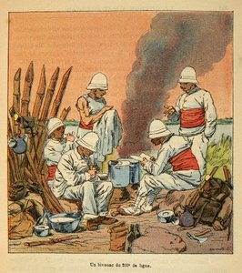 La Guerre à Madagascar - Histoire anecdotique des expéditions françaises de 1885-1895 par Henri Galli dit Gallichet (1854-1922), illustrée par Louis Bombled (1862-1927) : Un bivouac du 200ème de ligne à Madagascar en 1895, Collection privée - Louis Charles Bombled