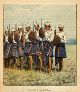 La Guerre à Madagascar - Histoire anecdotique des expéditions françaises de 1885-1895 par Henri Galli dit Gallichet (1854-1922), illustrée par Louis Bombled (1862-1927) : Gardes de la reine Ranavalona, Collection privée - Louis Charles Bombled