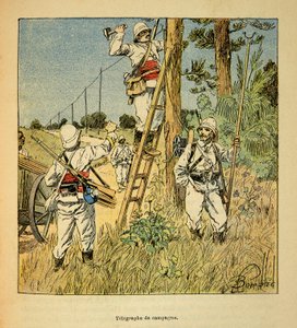 La Guerre à Madagascar - Histoire anecdotique des expéditions françaises de 1885-1895 par Henri Galli dit Galllichet, illustrée par Louis Bombled : Mise en place du télégraphe de campagne par les militaires à Madagascar en 1895
