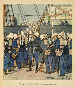 La Guerre à Madagascar - Histoire anecdotique des expéditions françaises de 1885-1895 par Henri Galli dit Galllichet, illustrée par Louis Bombled : Embarquement du 40e bataillon de chasseurs à Marseille pour Madagascar en 1895 - Louis Charles Bombled