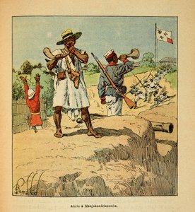 La Guerre à Madagascar - Histoire anecdotique des expéditions françaises de 1885-1895 par Henri Galli dit Gallichet (1854-1922), illustrée par Louis Bombled (1862-1927) : Troupes malgaches en alerte à Manjakandrianomba à l